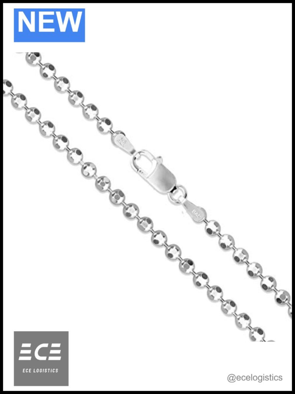 Sterling Silver Diamond-Cut Ball Bead Chain Necklace 925 Italy Dog Tag